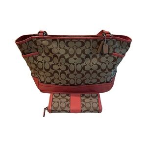 Coach Signature Carrie Tote with Coral Trim and Matching Wallet